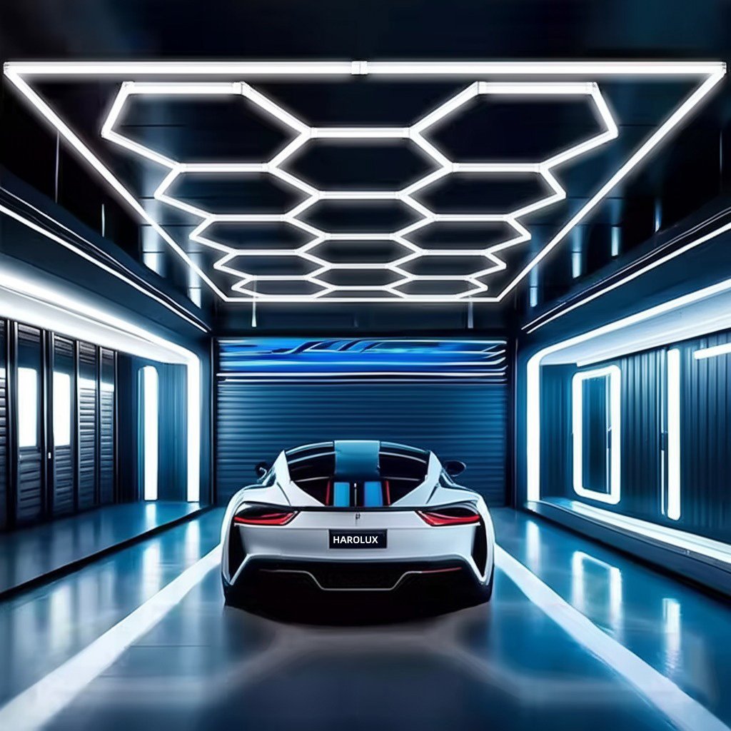 Hexagon LED lights in modern garage