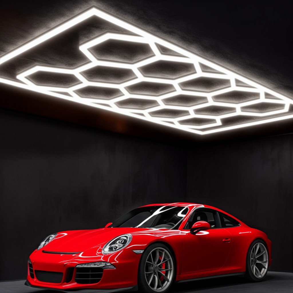 Hexagon lights in car detailing shop